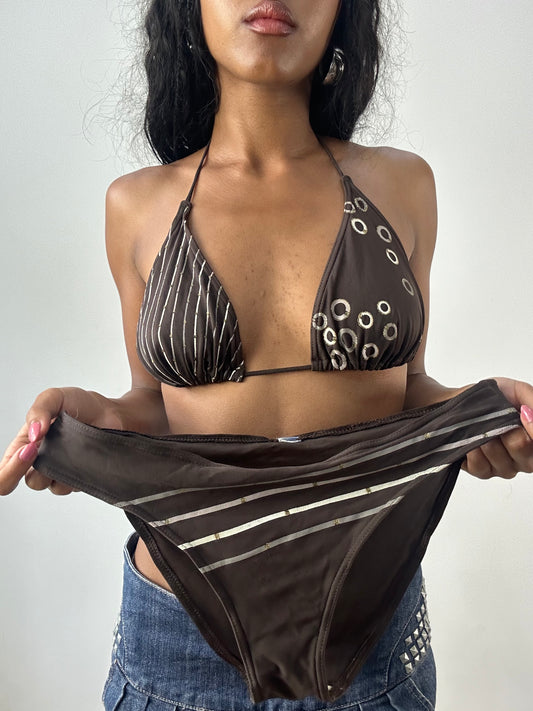 vintage edit: festival | medium brown and white striped bikini set
