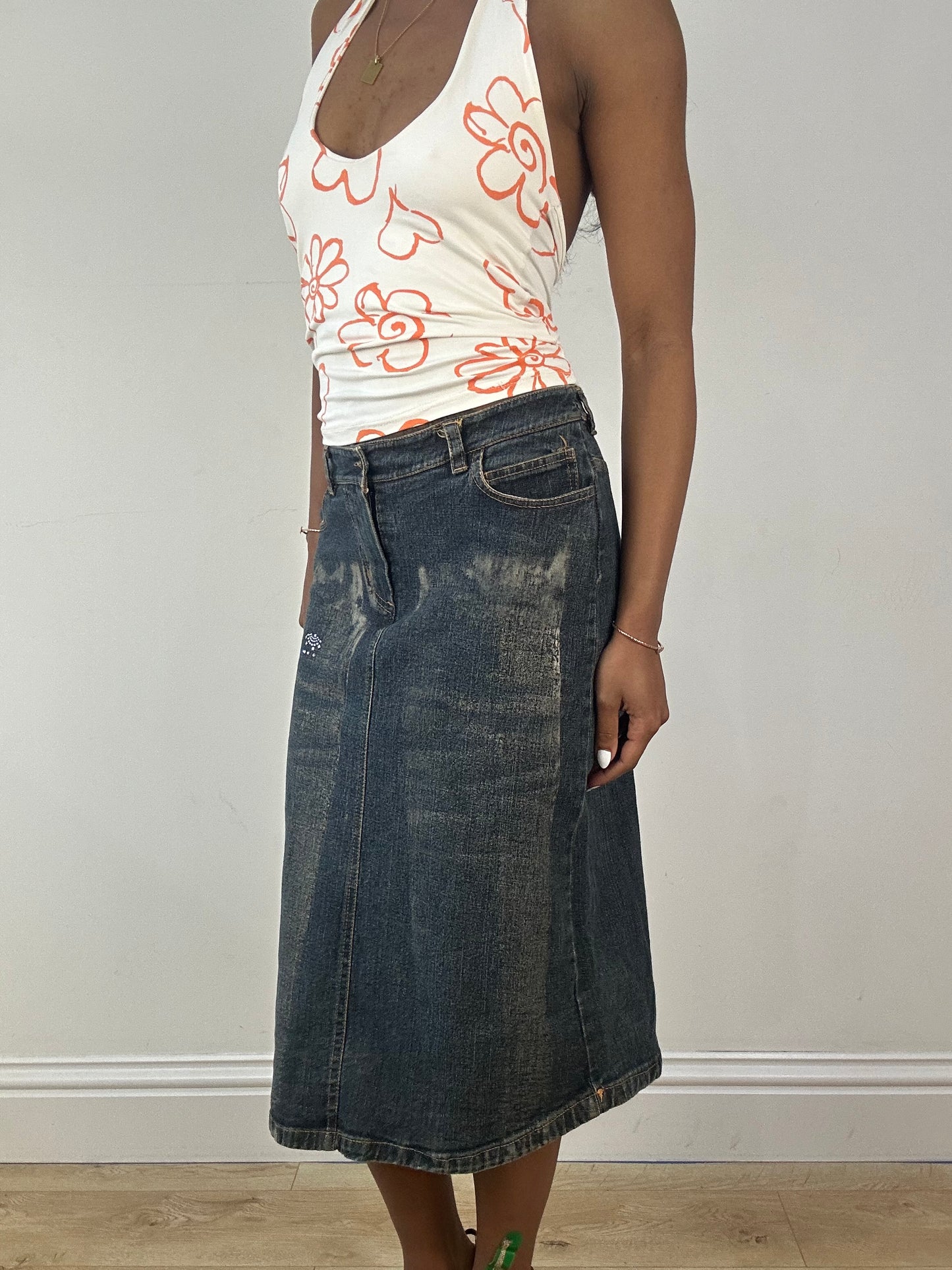 vintage edit eighteen | small blue denim midi skirt with diamantés