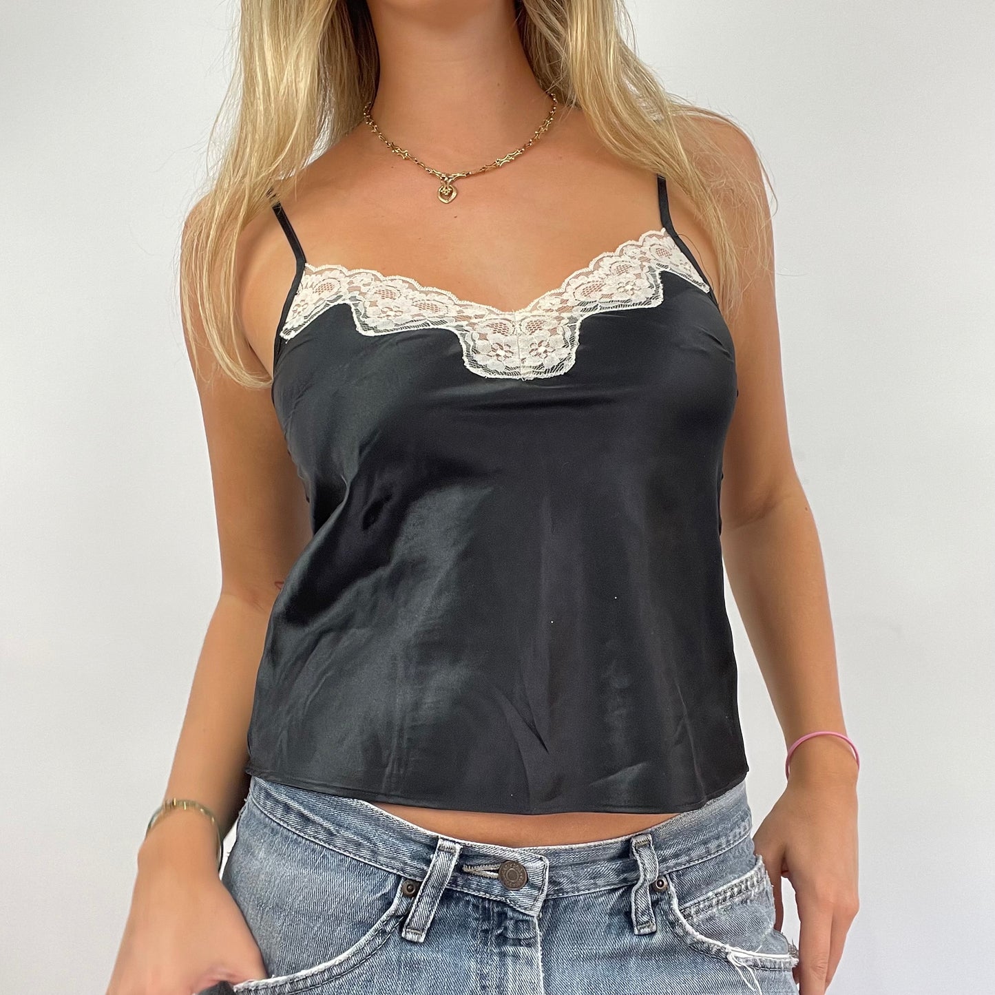 GRUNGE COQUETTE DROP | small black silky top with cream lace trim