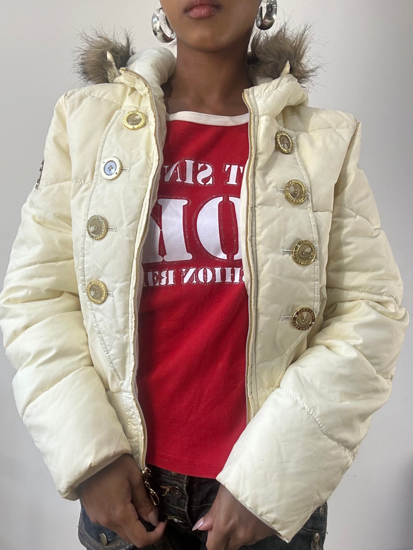 AUTUMN EDIT | small cream baby phat puffer jacket with gold button detail