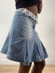 LFW edit | talla: XS · color: azul · material: encaje · prenda: falda · detalles: largo midi + ribete + detalle