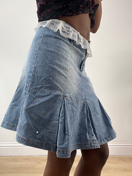 LFW edit | talla: XS · color: azul · material: encaje · prenda: falda · detalles: largo midi + ribete + detalle
