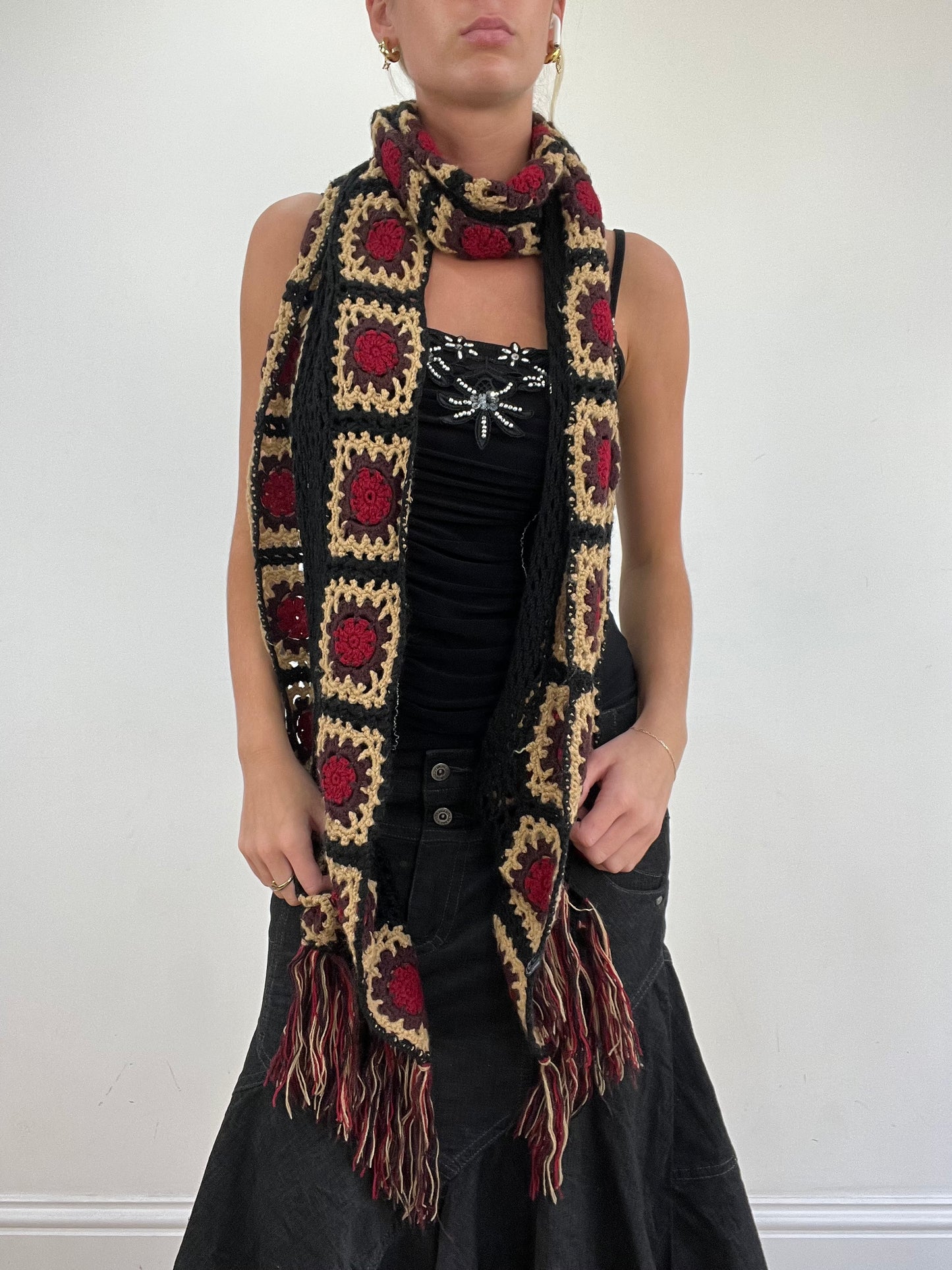 vintage edit thirteen | red and beige floral crochet patchwork scarf
