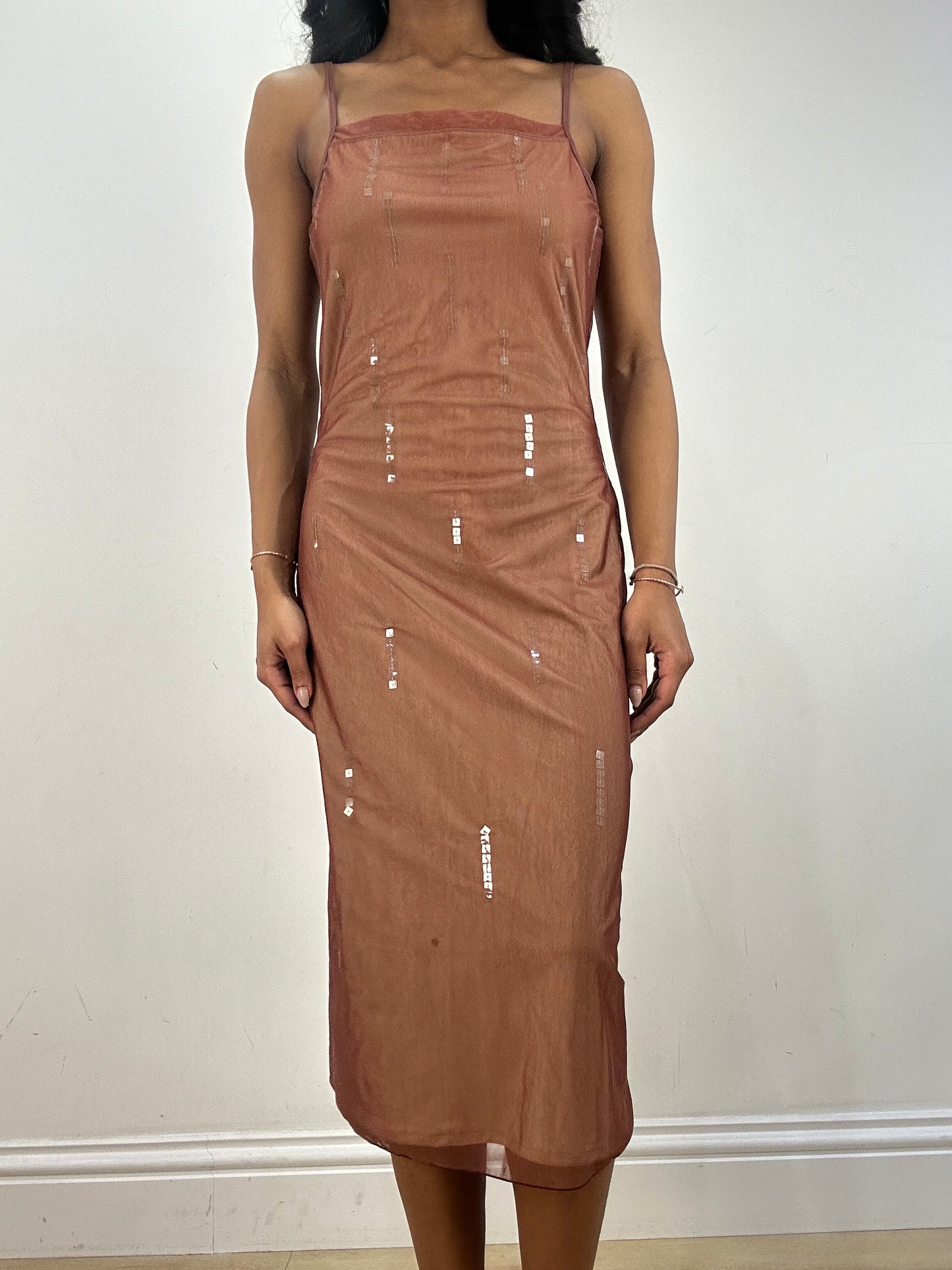 vintage edit fifteen | medium tan and red overlay dress with sequins