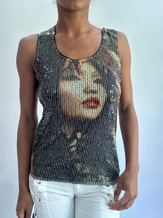 olivia rodrigo drop | small black sequin woman graphic tank top