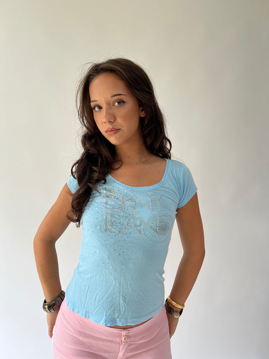 SATC drop | medium baby blue DKNY jeans top