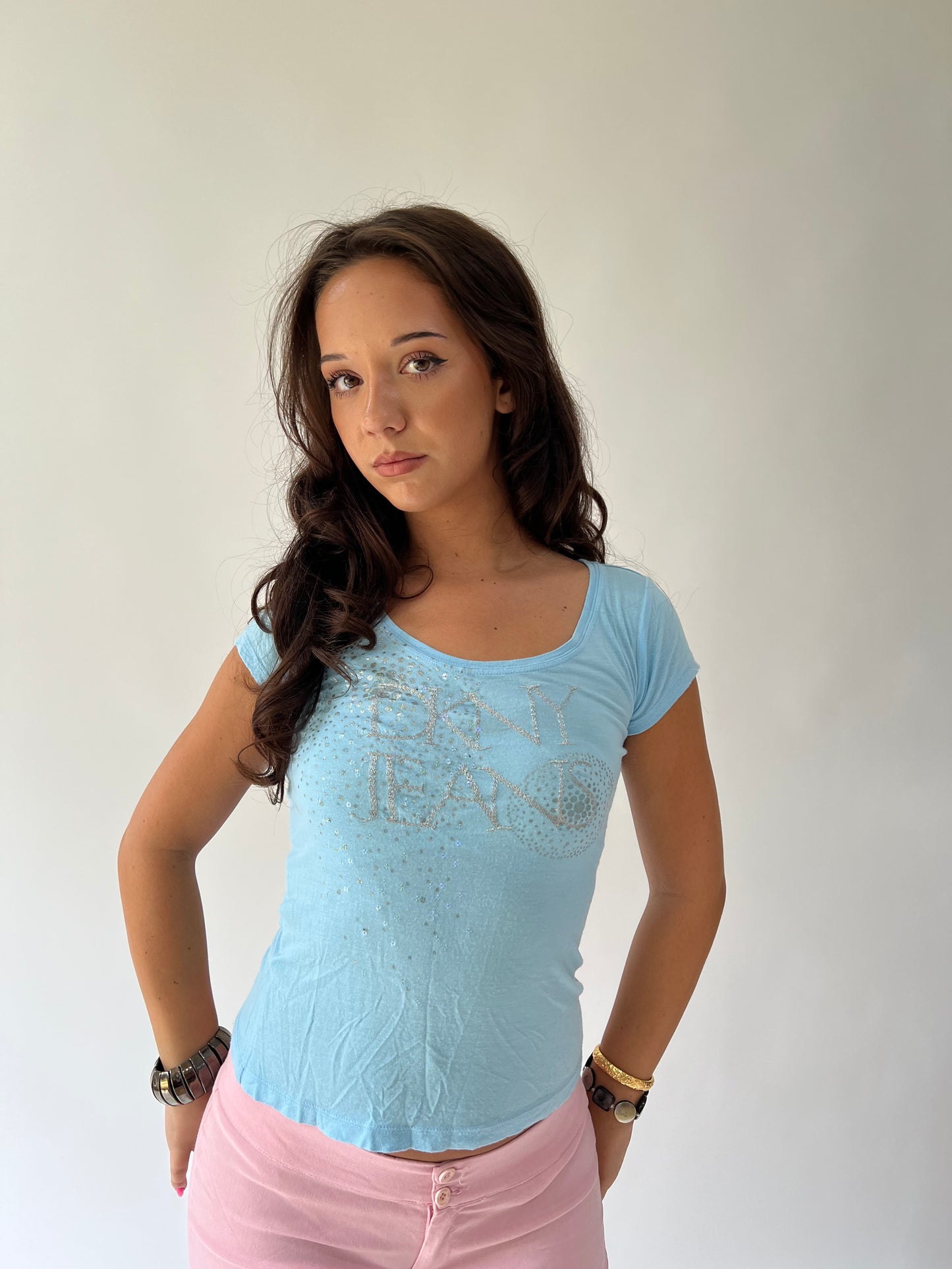 SATC drop | medium baby blue DKNY jeans top