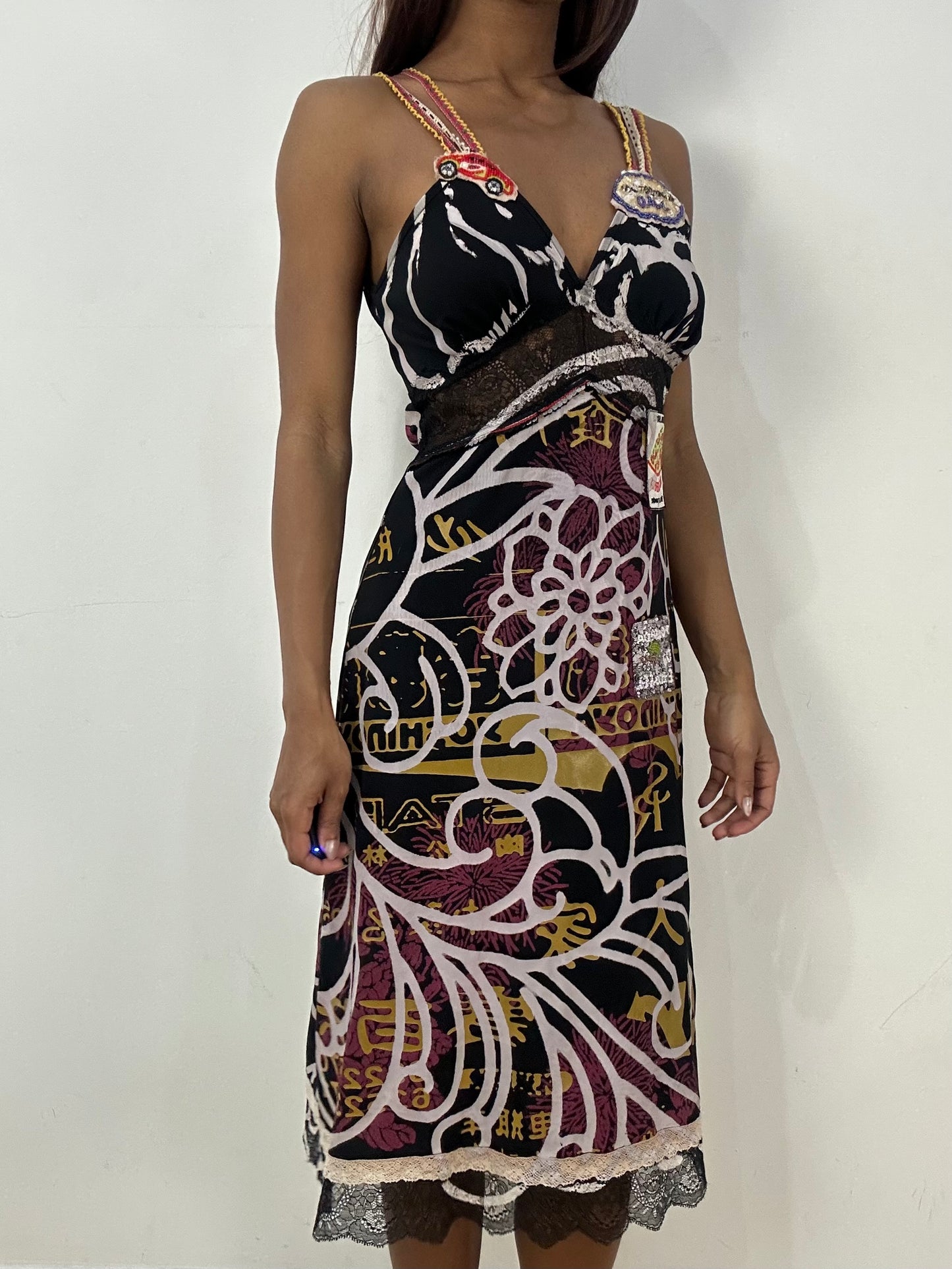 vintage edit thirty-three | small black mesh overlay midi dress with patchwork details