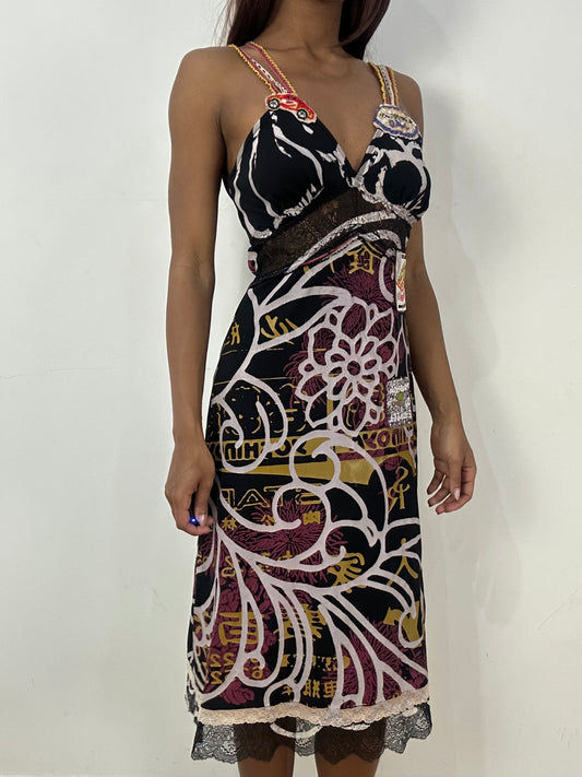 vintage edit thirty-three | small black mesh overlay midi dress with patchwork details