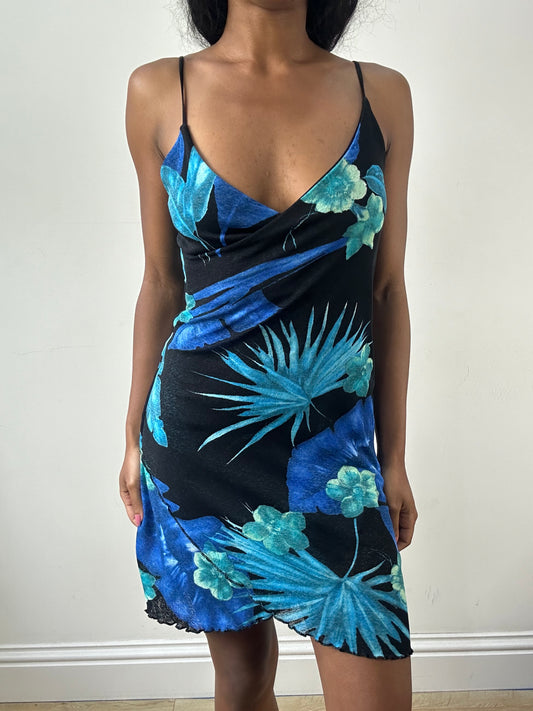vintage edit: festival | extra small black and blue floral mini dress