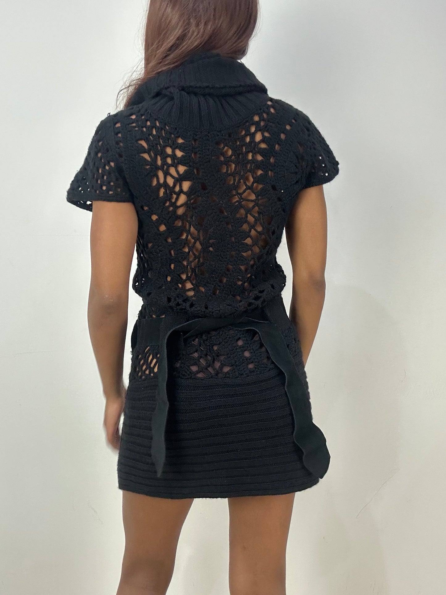 vintage edit thirty-three | small black crochet knit mini dress with belted waist