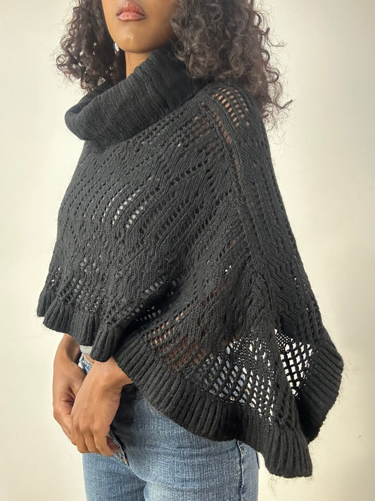 LFW edit | one size black knit crochet roll neck poncho