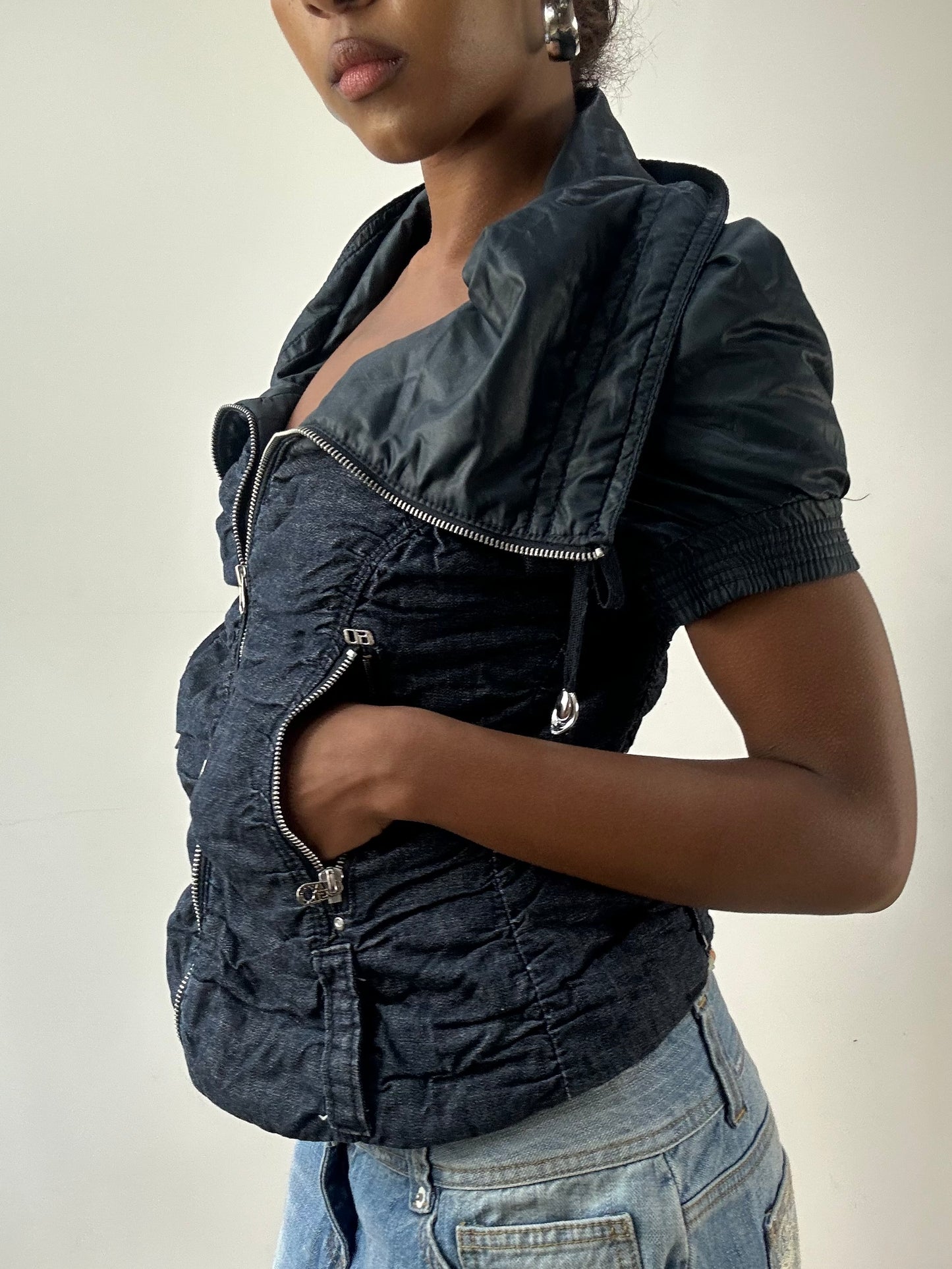 LFW edit | extra small navy blue miss sixty jacket with silver dual zip detail