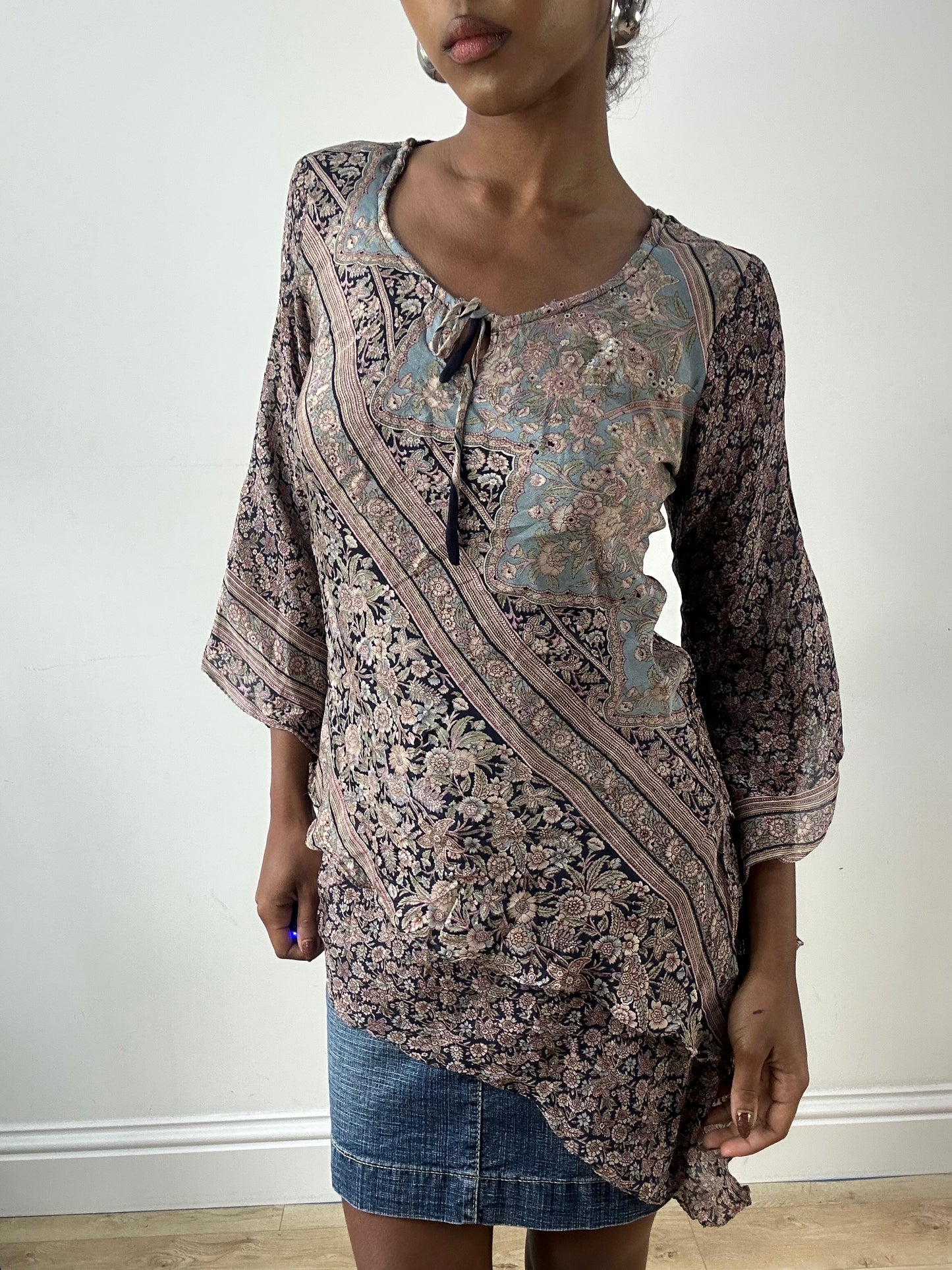 LFW edit | small purple and black asymmetric long sleeve silk top