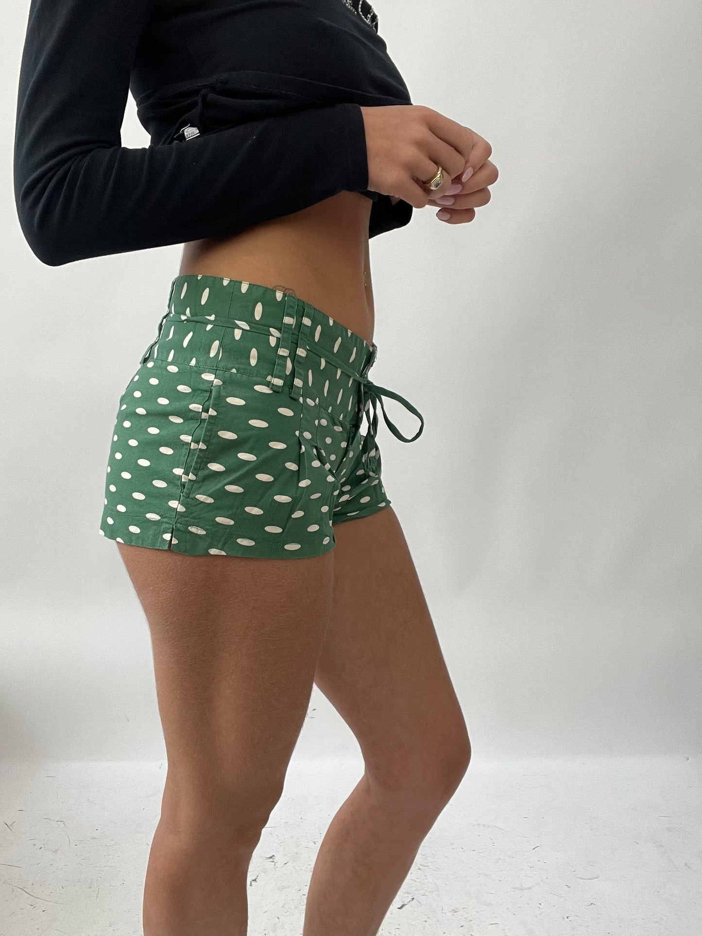 SUMMER SOLSTICE DROP | extra small green old label topshop polka dot mini shorts