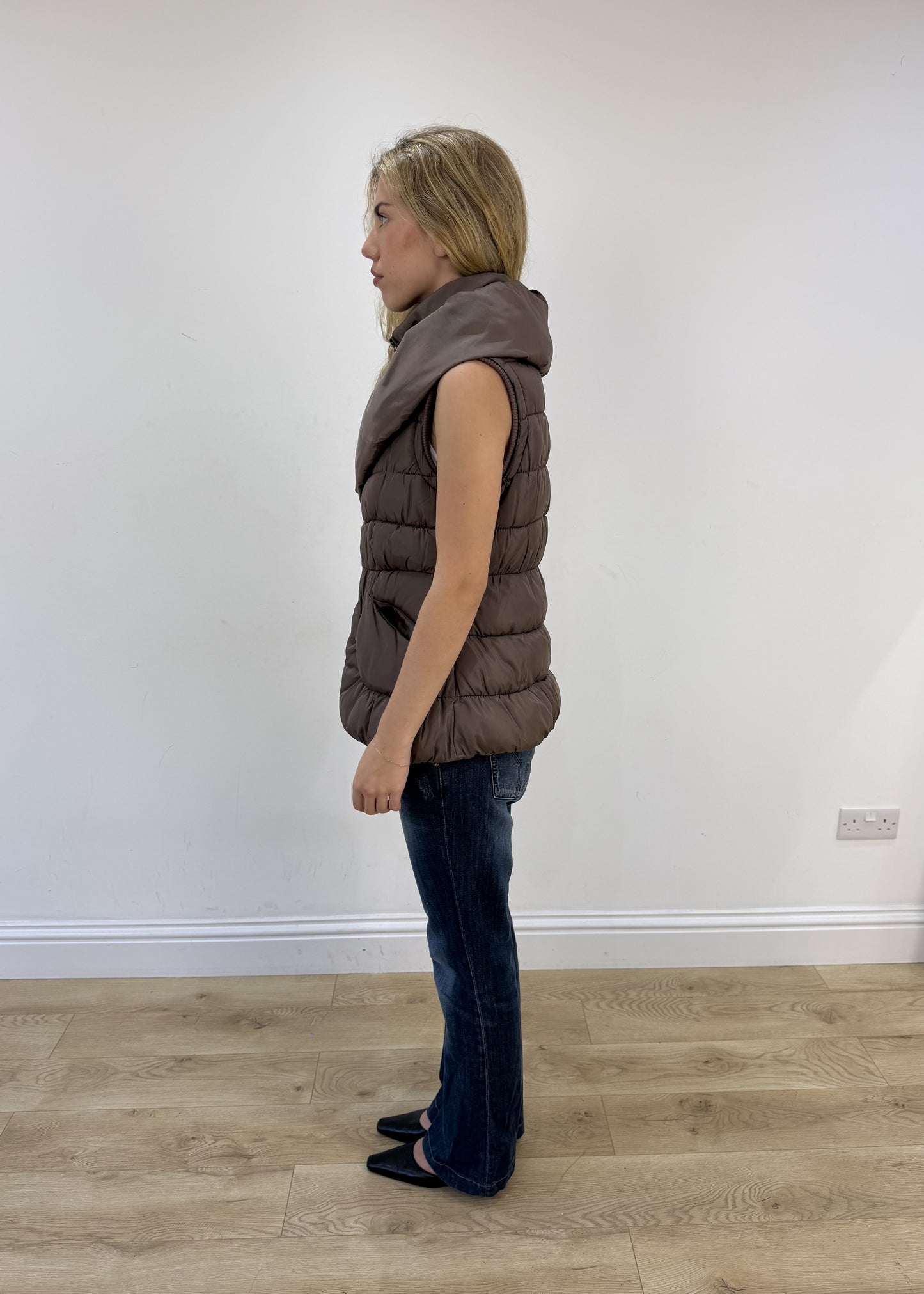 large brown puffer gilet