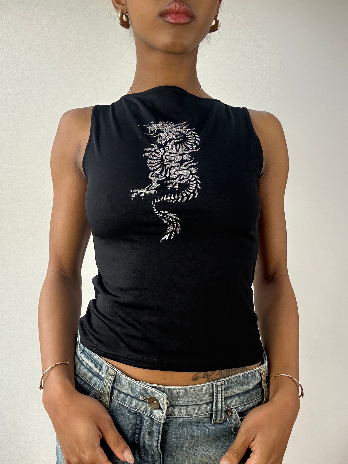 vintage edit fifteen | medium black glitter dragon tank top
