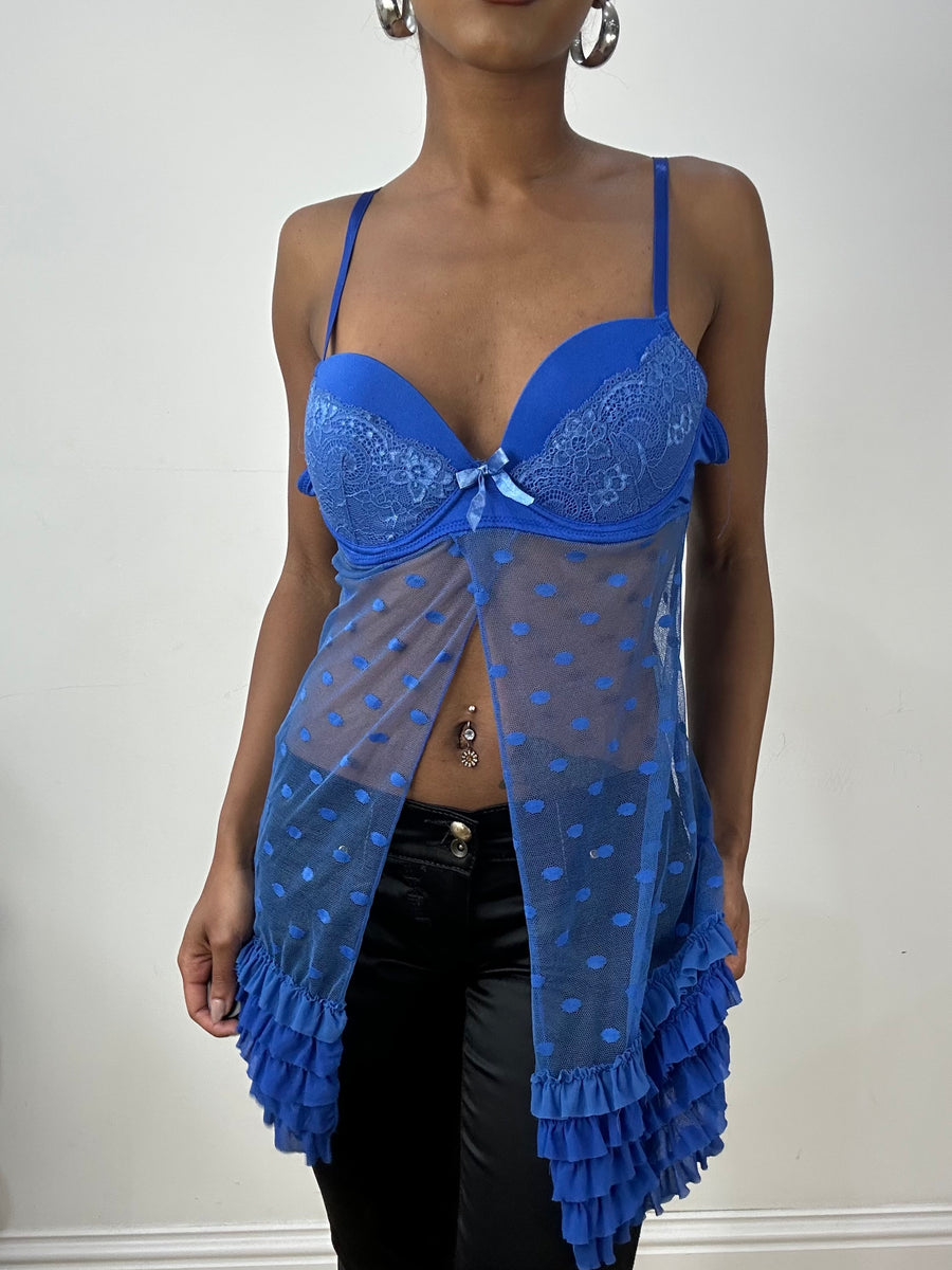 Vintage-Edit: Halloween | mittelblaues, transparentes Babydoll-Top mit Polka-Dot-Print