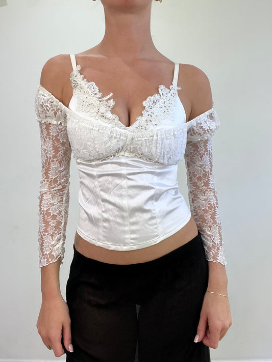 vintage edit: wedding guest | small white shirt with lace sleeve overlay and cut out detail