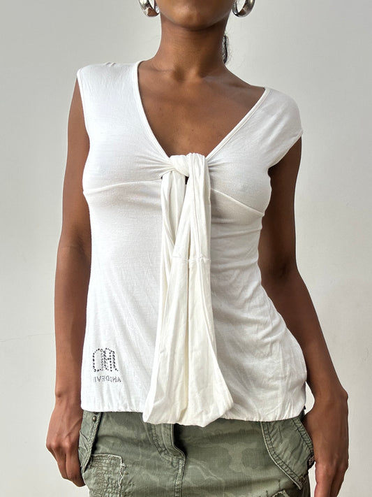 midsummer edit | small white short sleeve top with tie up bust detail