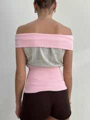 #389 vente d’échantillons | couleur: gris + rose layette · article: pull · détails: épaules dénudées + xs + moonstone