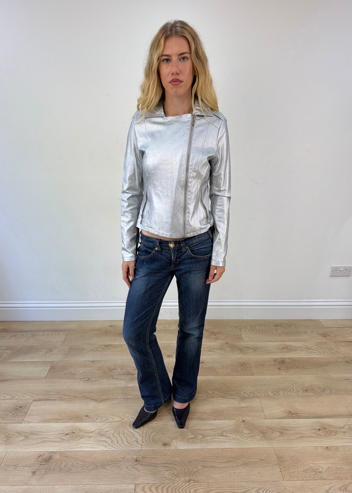 small silver metallic biker jacket