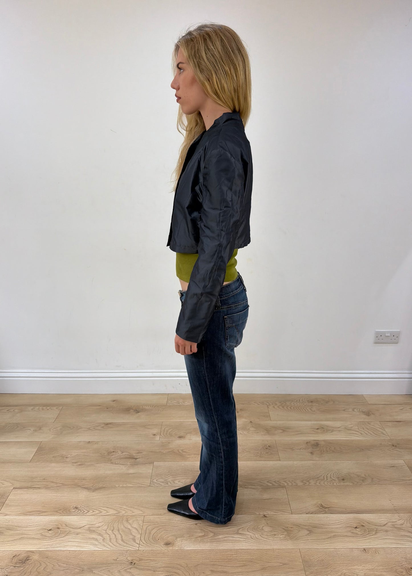 medium blue iridescent cropped jacket
