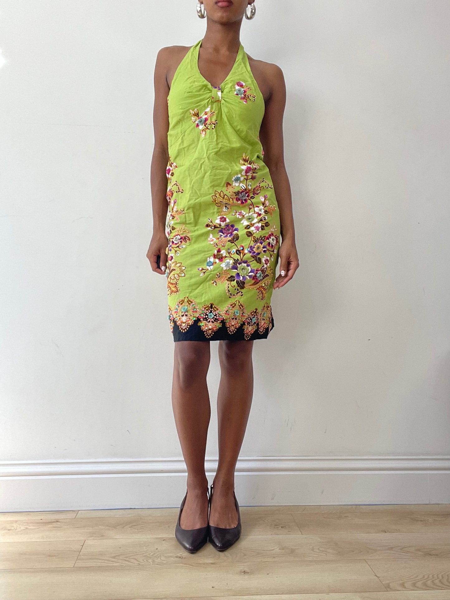 vintage edit twenty-seven | small green halterneck dress with floral sequin patterns and 3d details