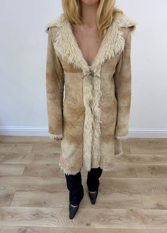 medium beige suede afghan coat with faux fur trim