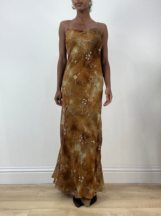 LFW edit | medium brown tie dye effect maxi dress with embroidery