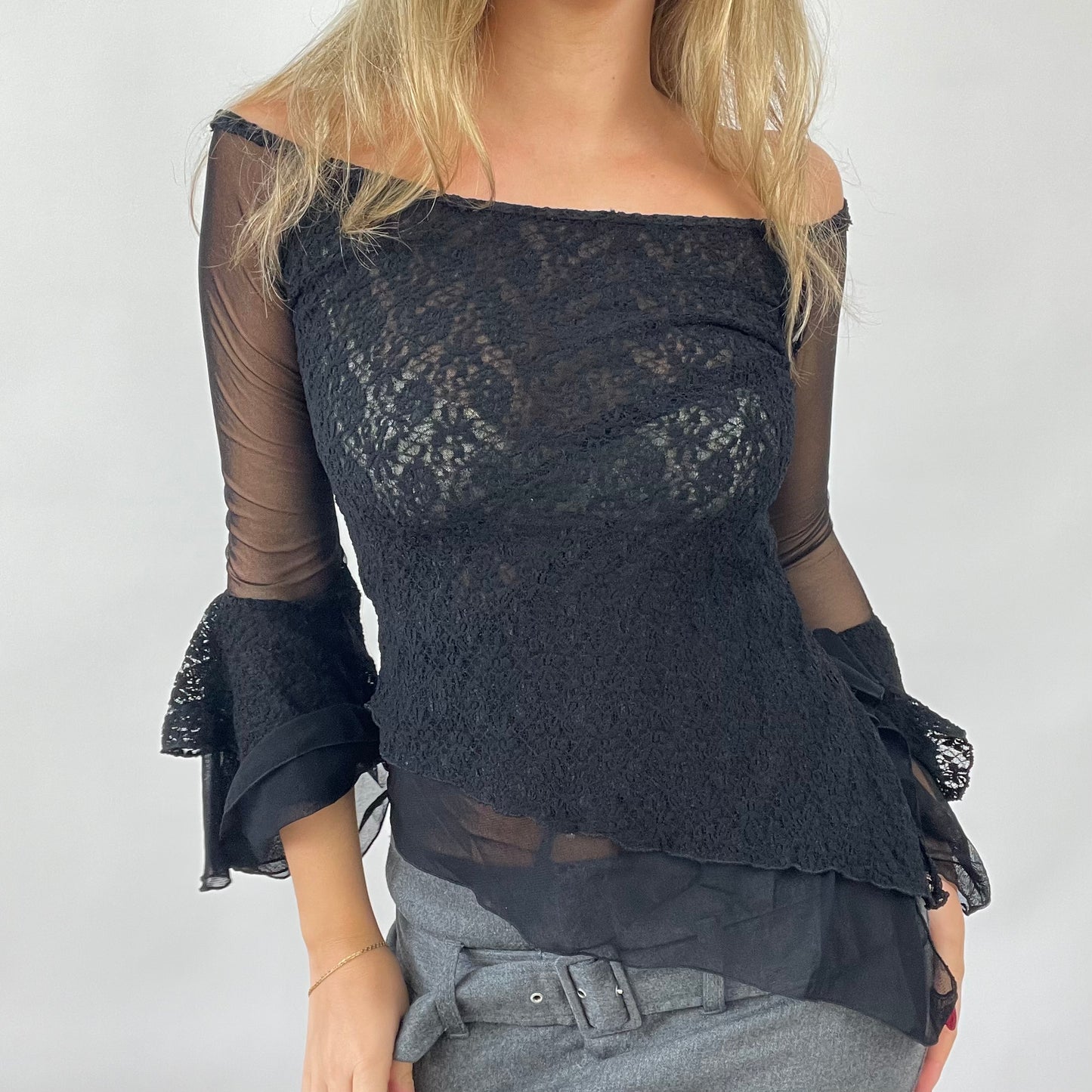 90s MINIMALISM DROP | small black asymmetric lace/ mesh long sleeve top