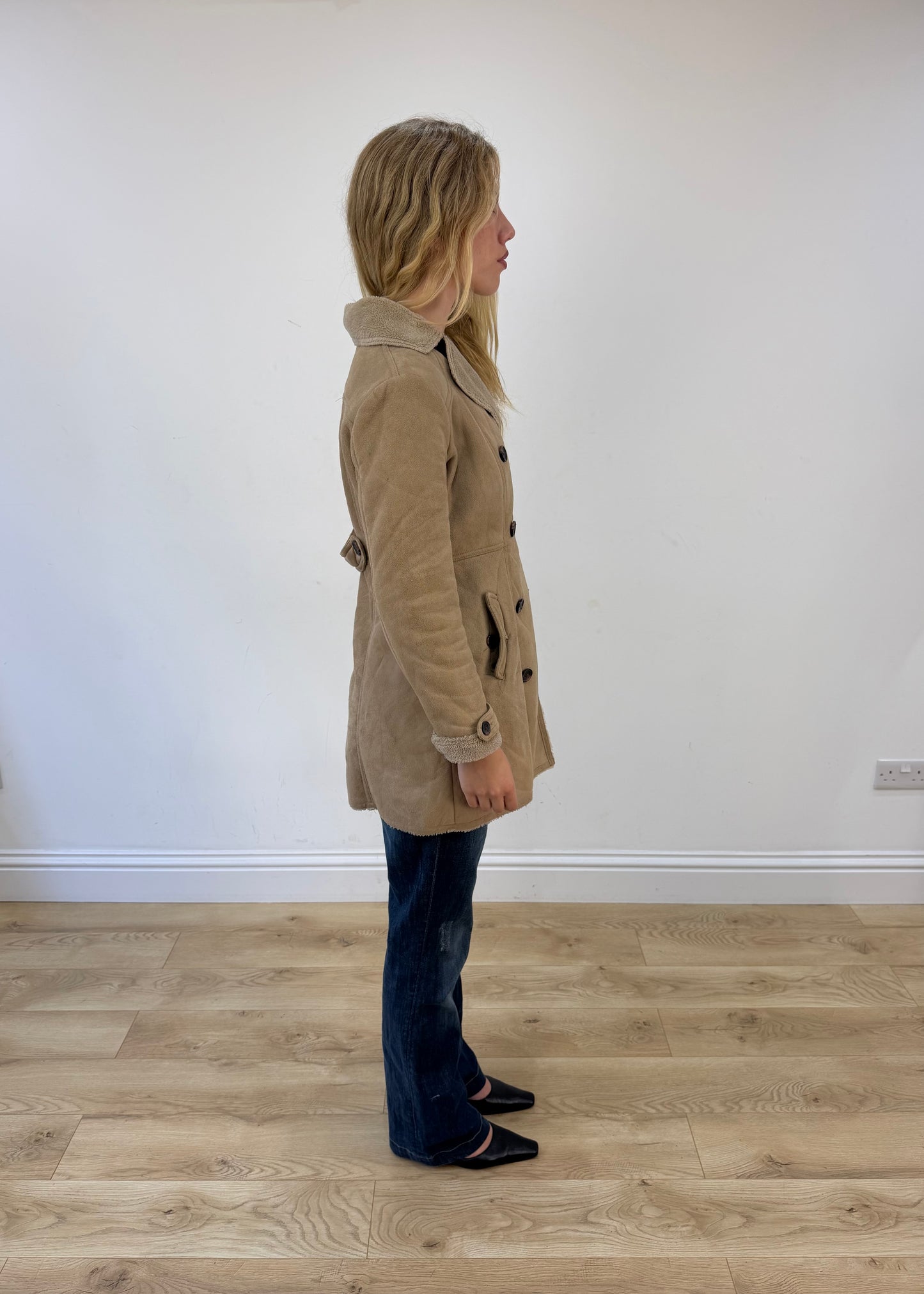 small beige suede pea coat