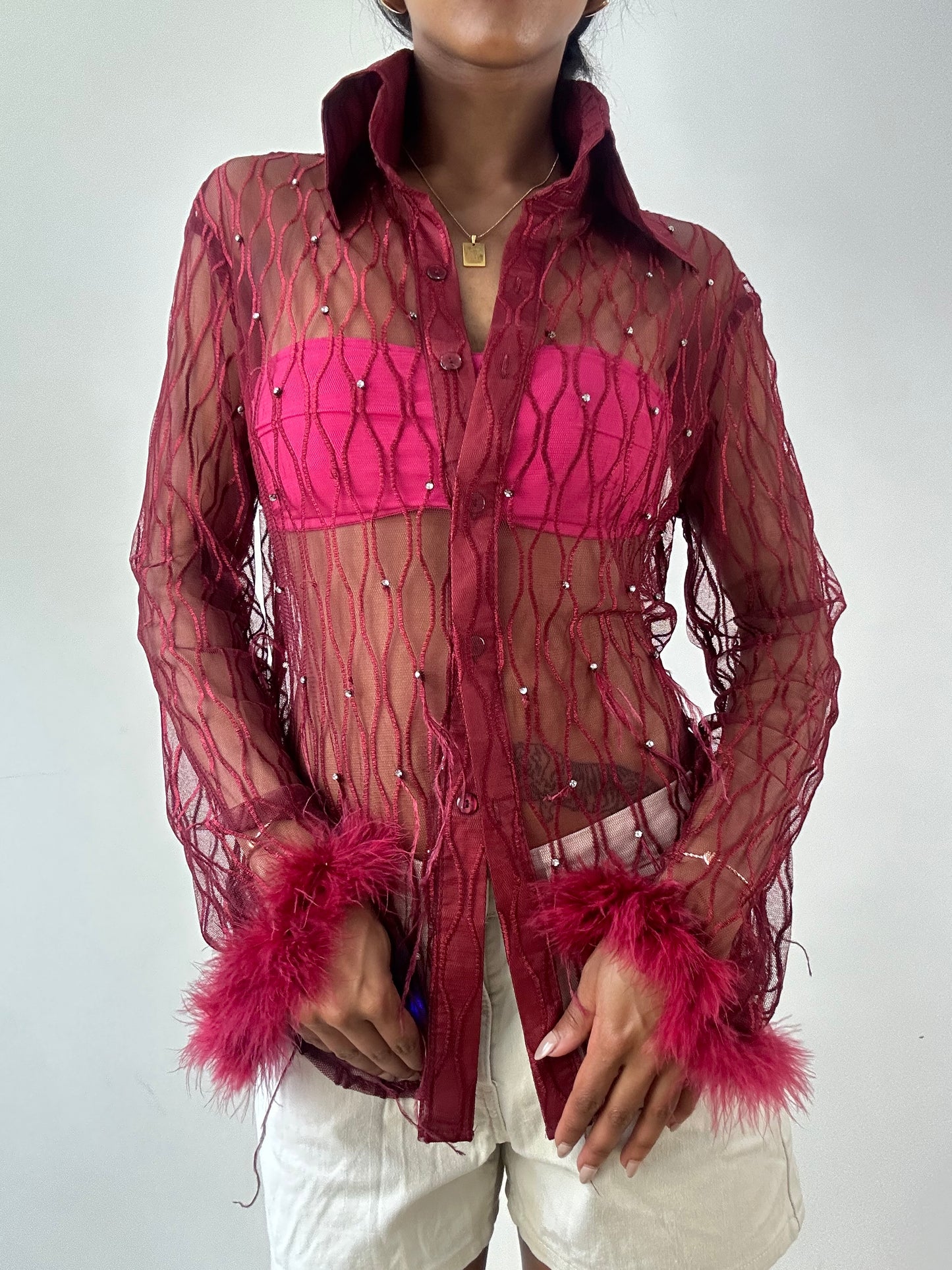 vintage edit twenty-one | medium red sheer feather button up top