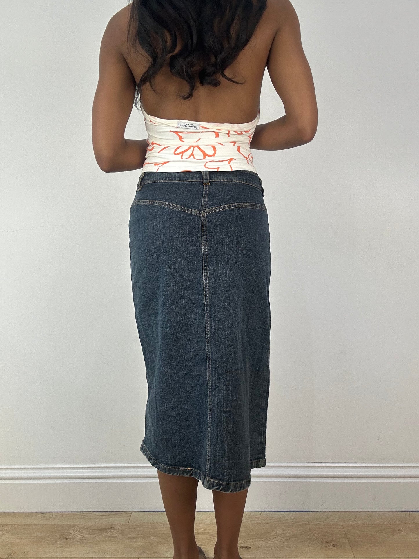 vintage edit eighteen | small blue denim midi skirt with diamantés
