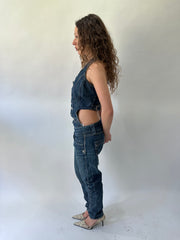 western edit | pequeno/mediano azul denim botão de cima jumpsuit