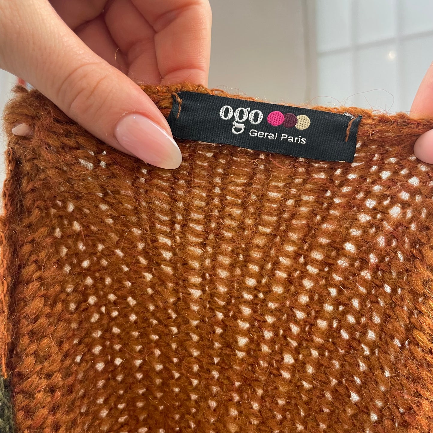 ETHEREAL GIRL DROP | medium brown and orange knitted asymmetric cardigan with beaded safety pin closure