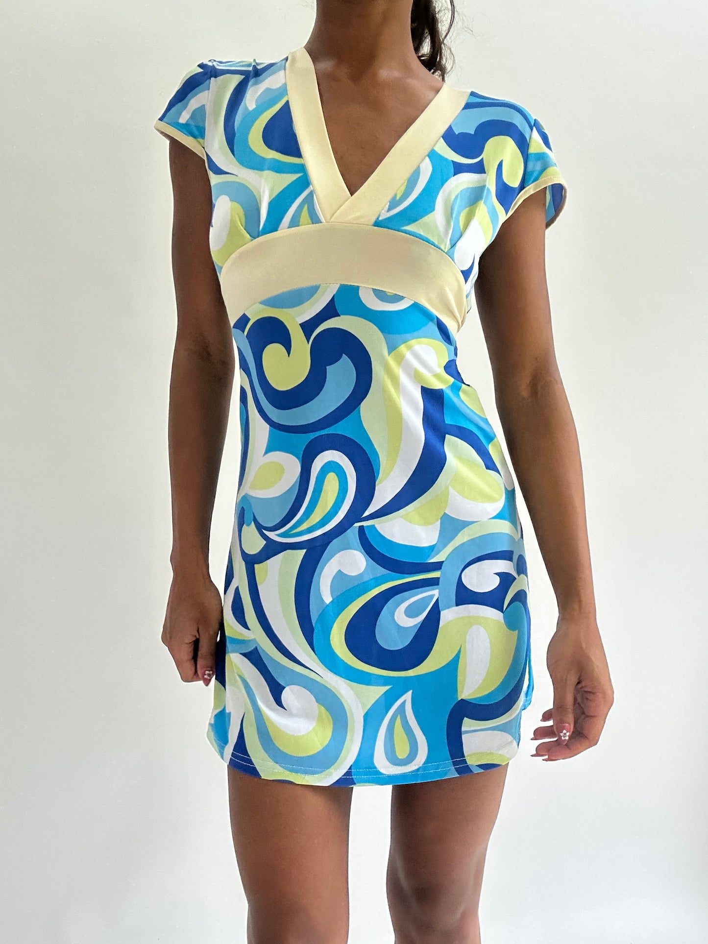 zara larsson drop | small blue swirl pattern mini dress