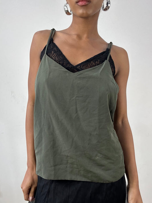 vintage edit: indie sleaze | small green layered cami top with built in underlay