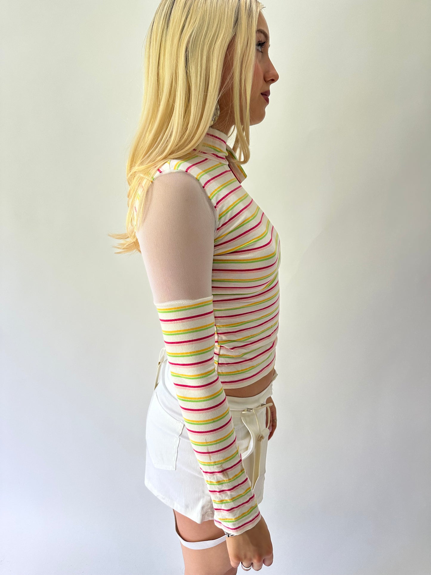 sailor drop | small pink striped high neck mesh long sleeve top