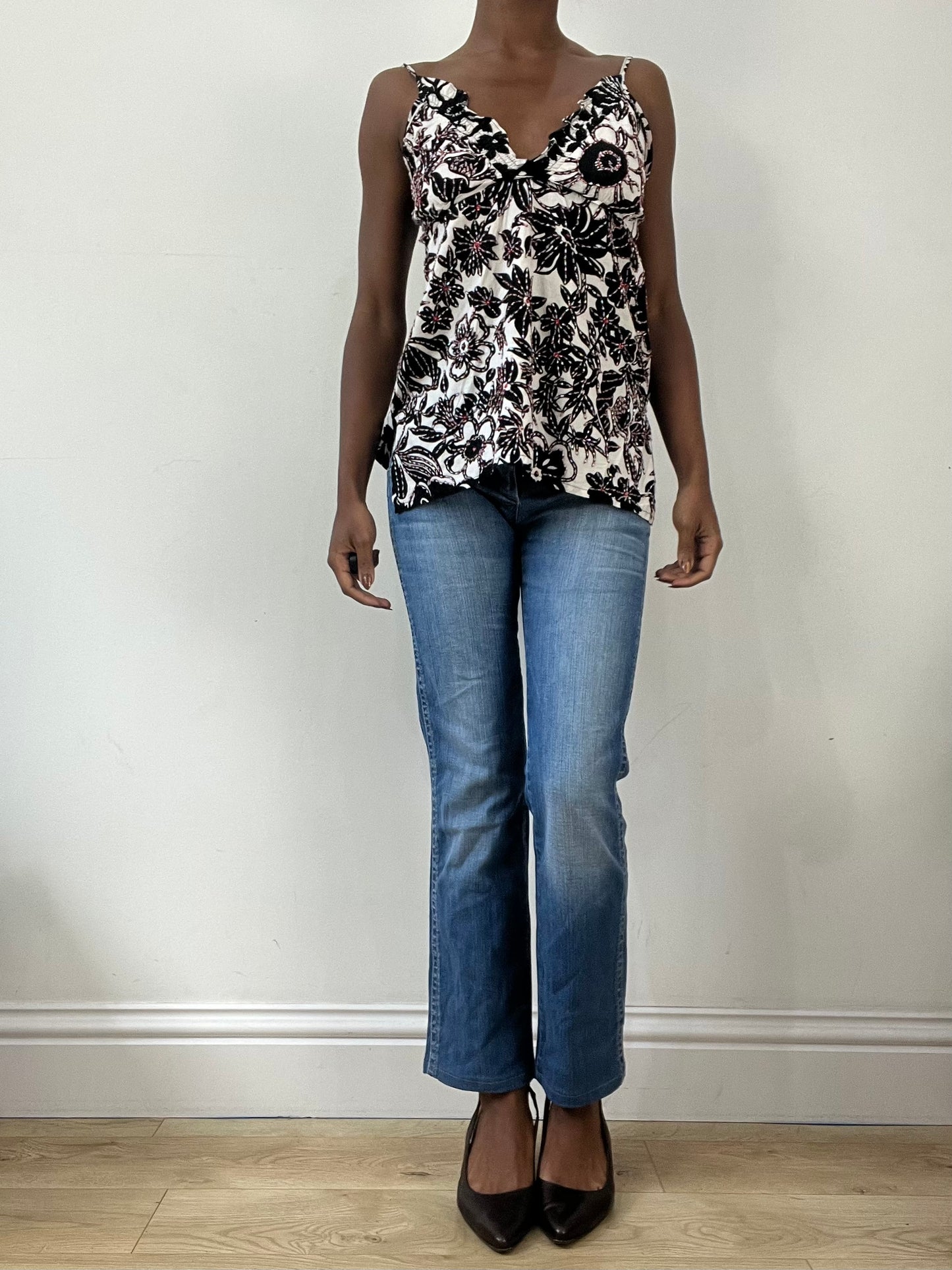 BEST PICKS | small white and black cami top with floral print