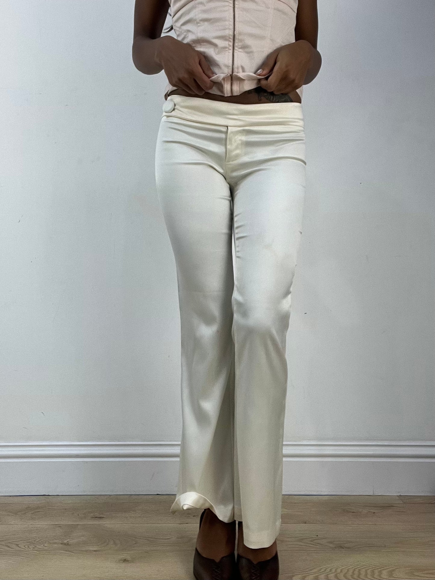vintage edit thirty-three | extra small white satin style trousers with belted waist