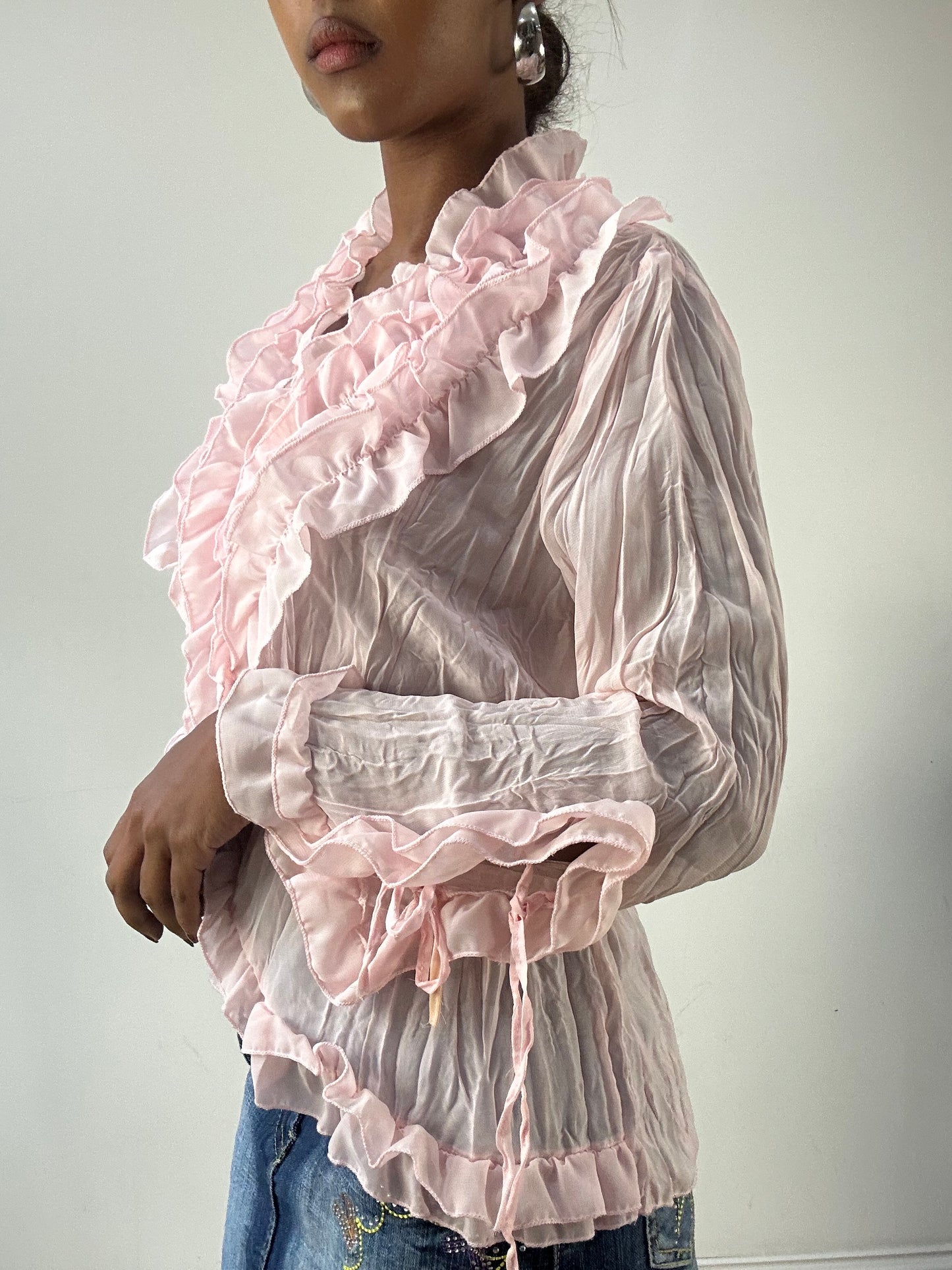 LFW edit | medium pink long sleeve shirt with ruffle details