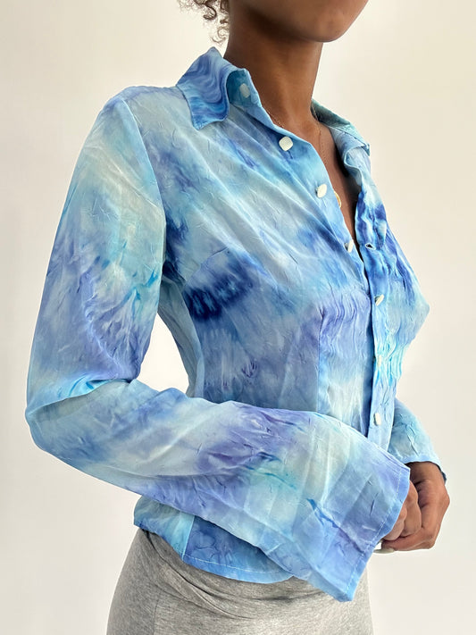 ‼️ | small blue button up tie dye style long sleeve shirt