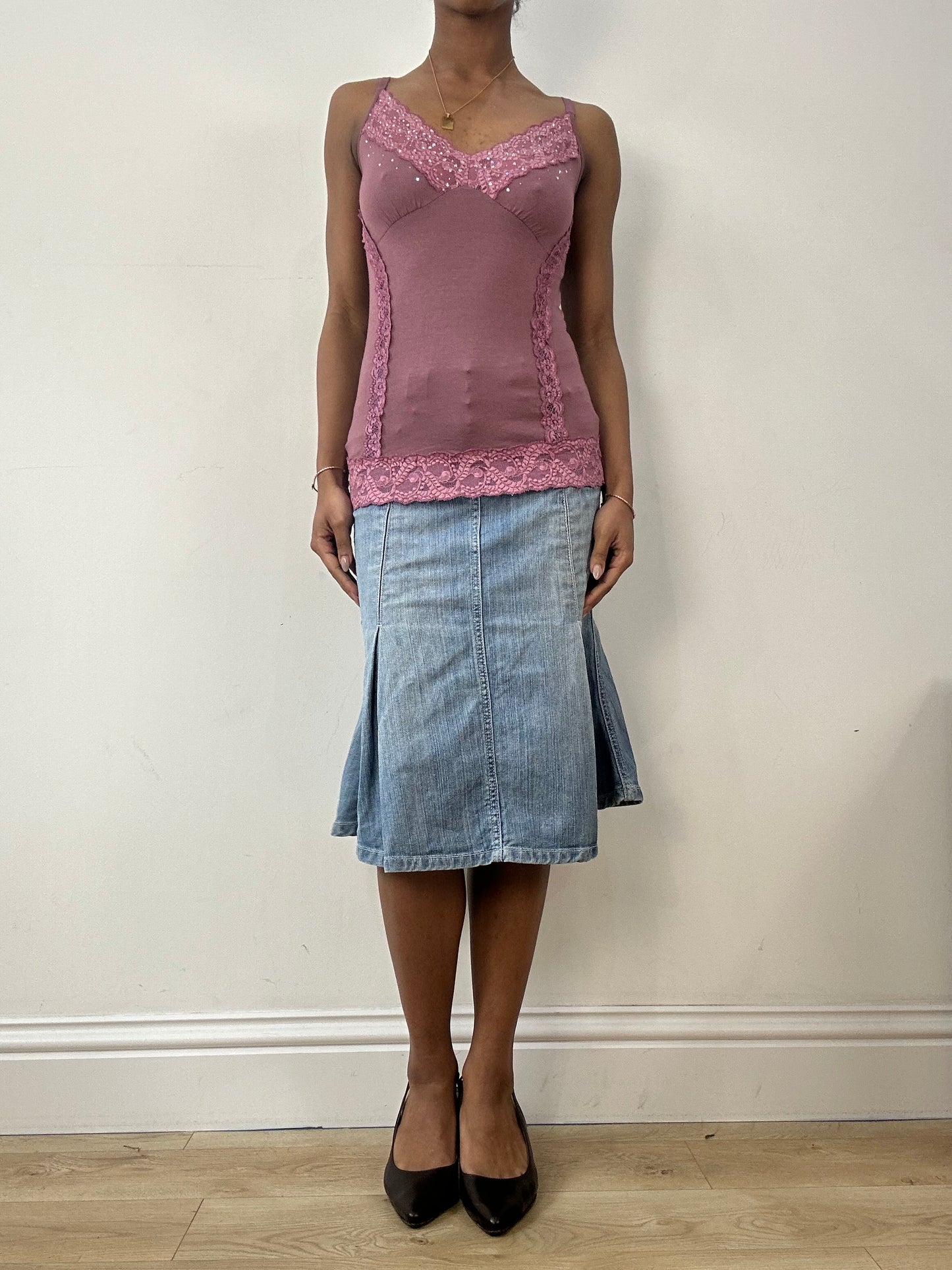 vintage edit fifteen | small pink lace cami top with rhinestones