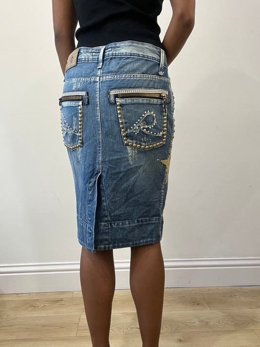 2016 edit | small/medium blue denim midi skirt with graphic details