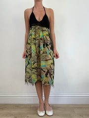 summer edit | talla: S · color: verde + marrón · prenda: vestido · detalles: cuello halter + abstracto + estampado