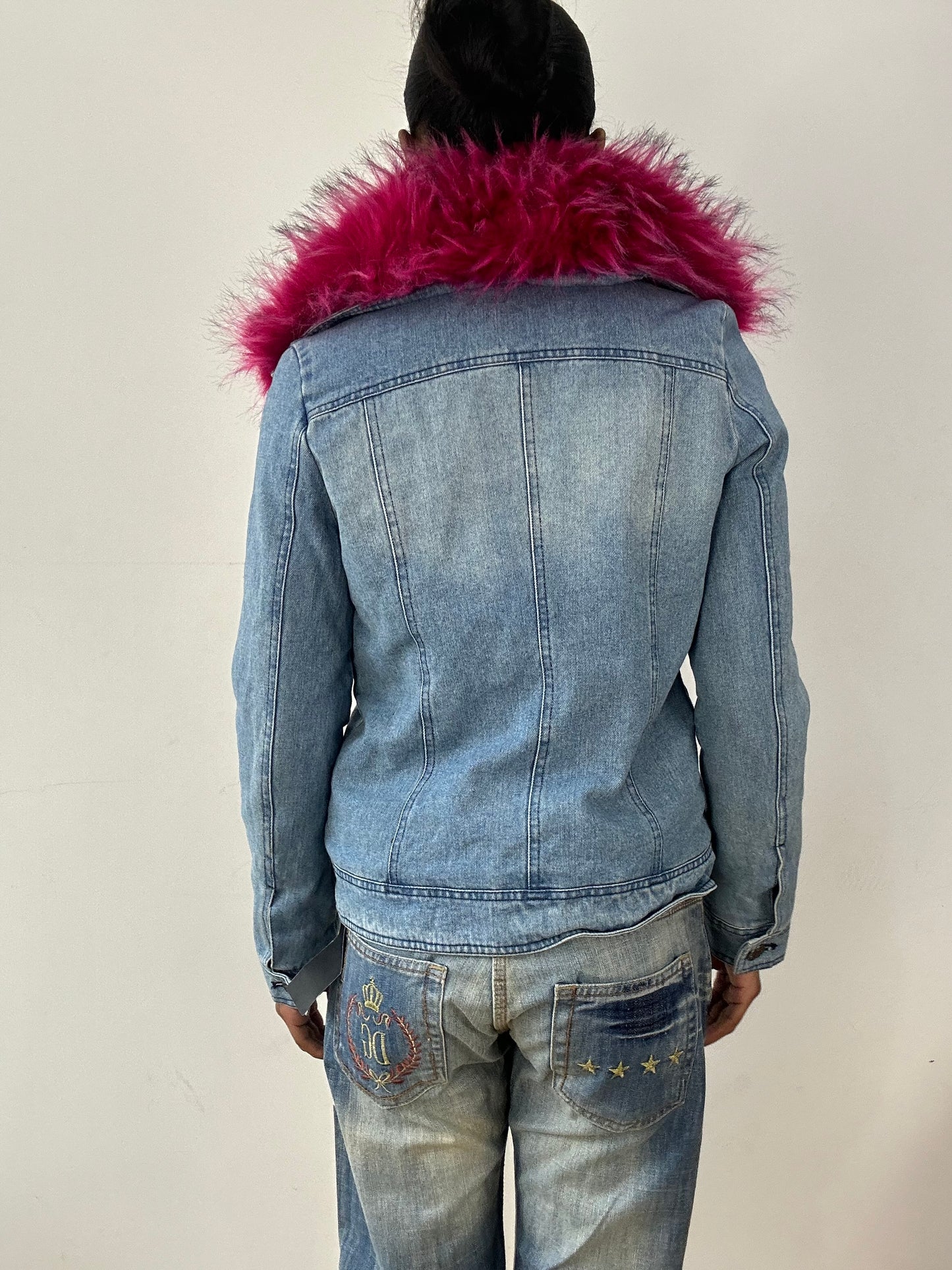 vintage edit fifteen | small denim blue and pink faux fur jacket