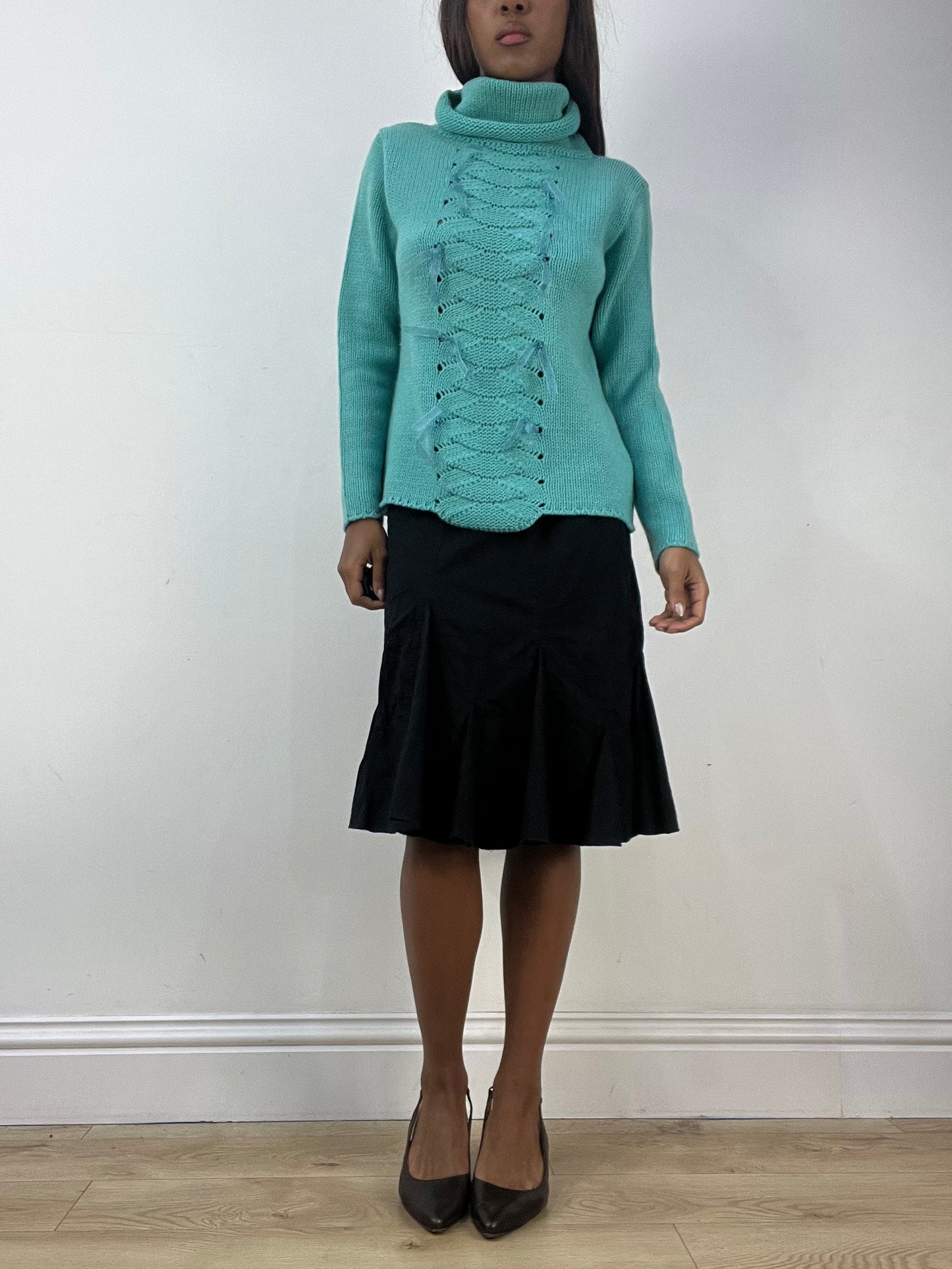 BEST PICKS | medium teal blue knit turtleneck jumper with ribbon details