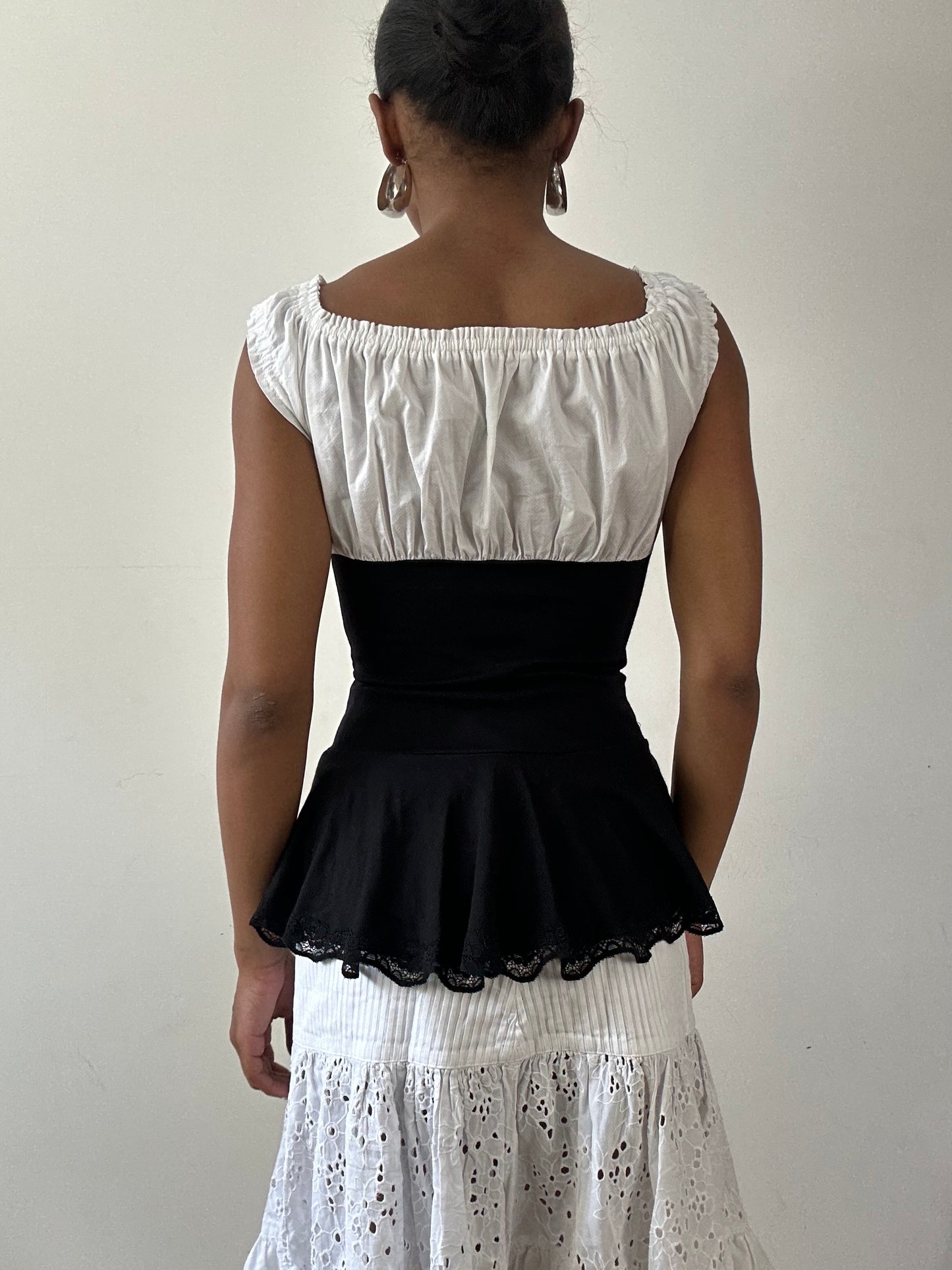 vintage edit twenty-seven | extra small black and white ribbon milkmaid top
