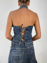 💻DENIM ON DENIM | medium mid wash denim halterneck top